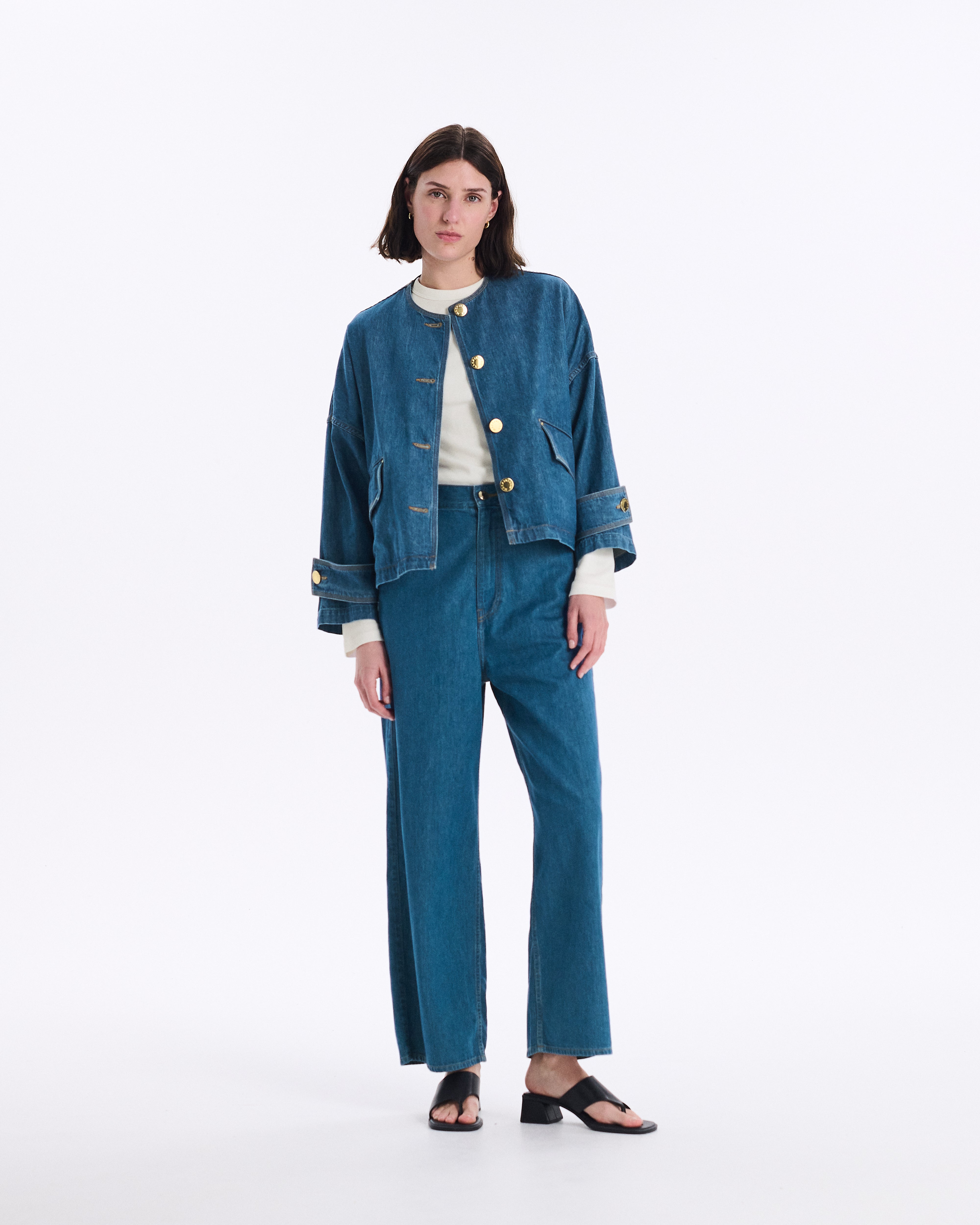 Humbie Collarless Denim Jacket CL Green cast