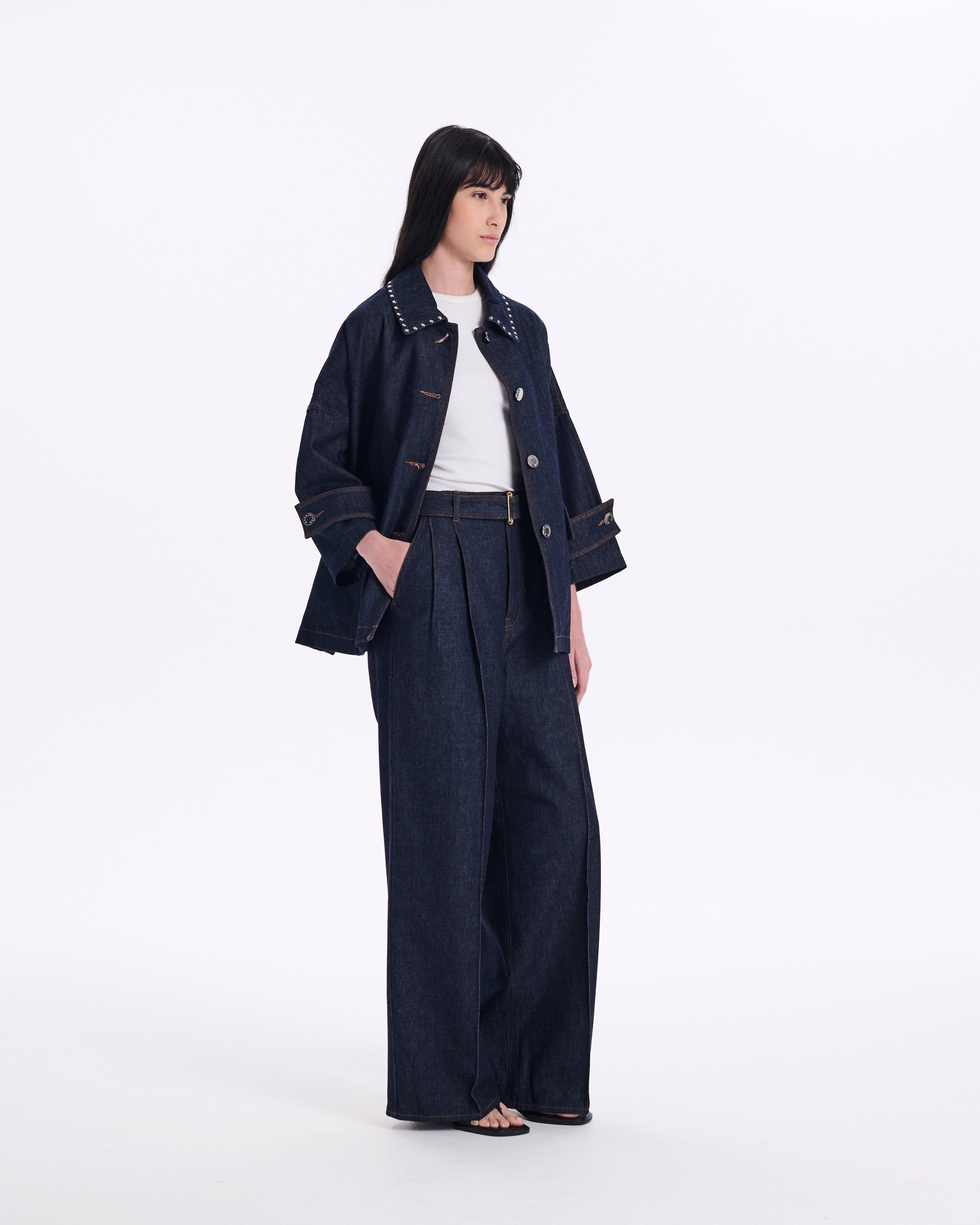 Humbie Cropped Sleeve Studded Denim Jacket